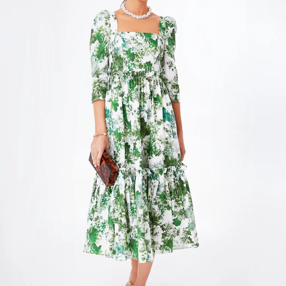 Cara Cara Blue Hill Dress in white green floral 100% Linen EUC